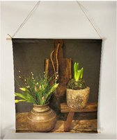 Wanddoek | wanddecoratie nostalgie op textiel bloemen in vaas