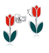 Joy|S - Zilveren tulp oorbellen - 11 x 16 mm - rood - bloem