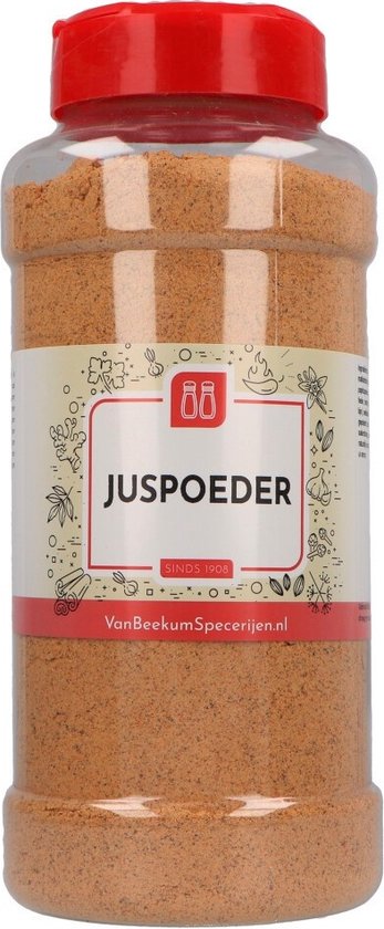 Juspoeder in doorzichtige strooibus met rood deksel. Etiket met 'Juspoeder Sinds 1908 VanBeekumSpecerijen.nl'.