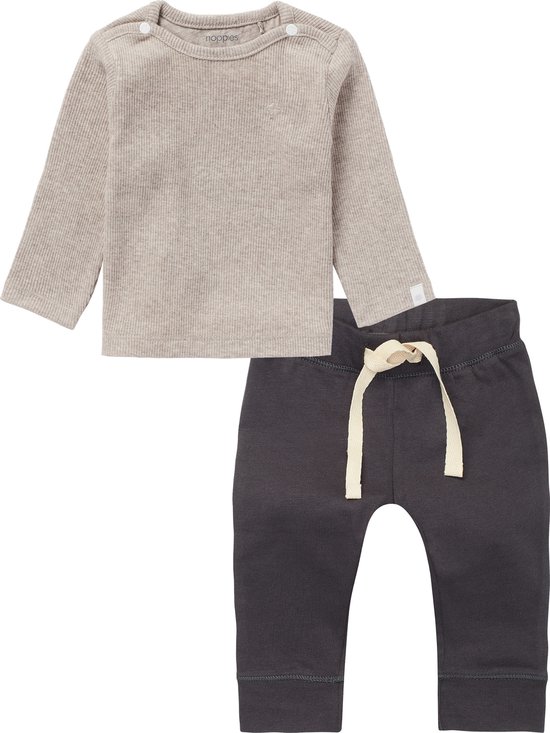 Noppies - Kledingset - 2 delig - Broek antraciet grijs - Shirt taupe - Maat 56