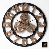 LW Collection Wandklok brons zwart 40cm - Houten moderne klok met tandwielen - Industriële wandklok stil uurwerk