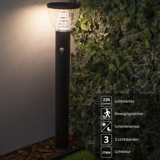 Solar tuinverlichting staande lamp 'Spiez' - RVS - Buitenlamp met sensor - Tuinverlichting met sensor - Warm wit licht - Buitenlamp op zonne-energie - Zwart - RexTech