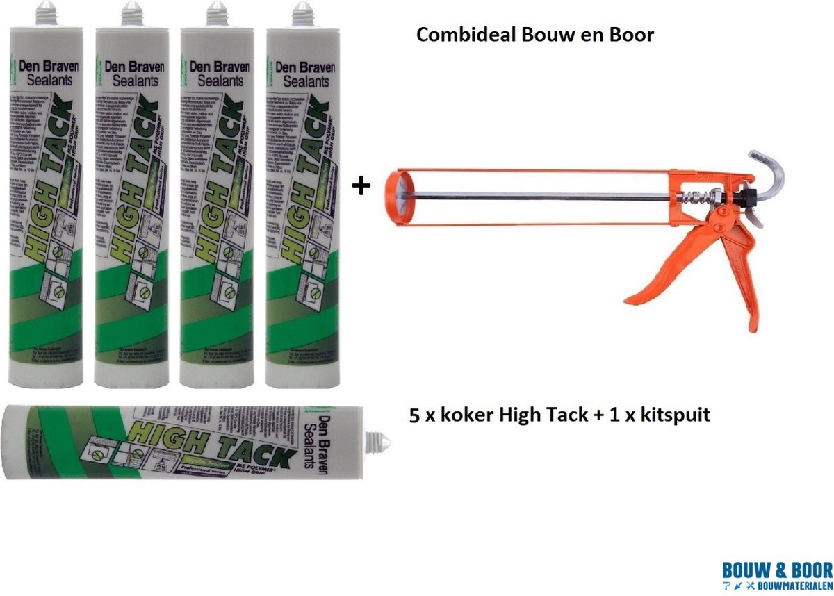 Den Braven -Combideal- Zwaluw High Tack lijmkit - montagekit - 5 x wit - 290 ml koker + 1 x Kitspuit metaal zwart of oranje