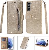 Glitter Bookcase voor Samsung Galaxy S22 Plus | Hoogwaardig PU Leren Hoesje | Lederen Wallet Case | Telefoonhoesje | Pasjeshouder | Portemonnee | Goud
