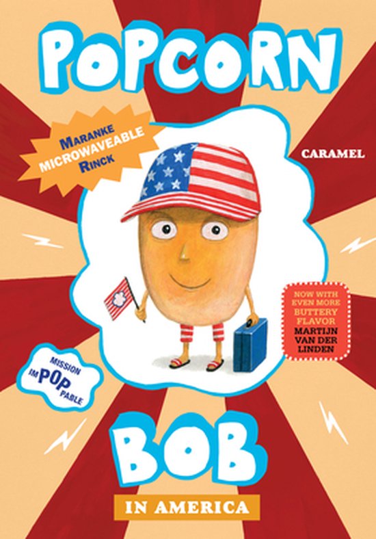 Popcorn BOB in Amerika, caramel. Popcornfiguur met pet en Amerikaanse vlag, met koffer.