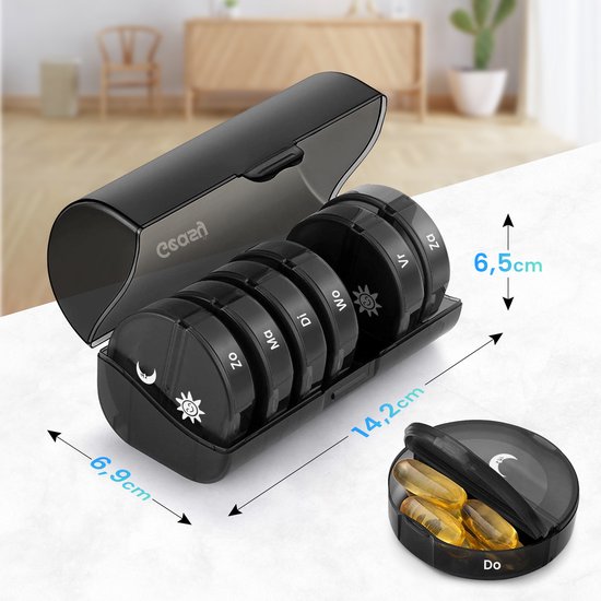 Pilulier GEASY 7 jours 2 compartiments - Pilulier avec boîte de rangement pratique pour les déplacements - Verrouillage fort - Néerlandais - Zwart