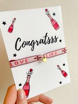 Wenskaart met sieraad - Congrats gefeliciteerd kaartje - Verstelbaar armbandje roze Love life muntje goud - Verkleurt niet - In cadeauverpakking - Snel in huis