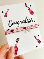 Wenskaart met sieraad - Congrats gefeliciteerd kaartje - Verstelbaar armbandje roze Ti amo ster zilver - Verkleurt niet - In cadeauverpakking - Snel in huis