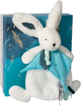 Doudou et Compagnie - Doudou Konijn -25 cm - Wit / Pauw Blauw - Pauw Pompon Konijn - Cadeau Idee - Happy Pop - Happy Doudou To You