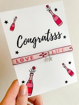 Wenskaart met sieraad - Congrats gefeliciteerd kaartje - Verstelbaar armbandje roze Love life ster zilver - Verkleurt niet - In cadeauverpakking - Snel in huis