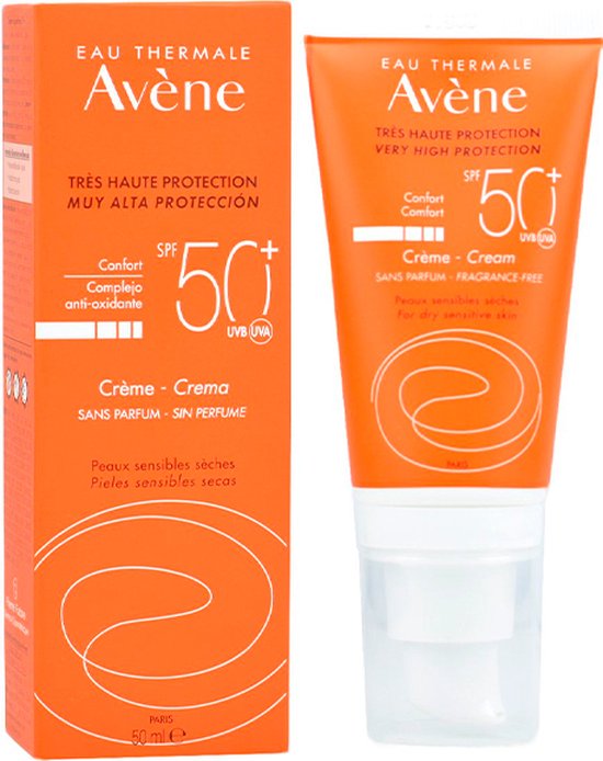 Avene zonnebrandcrème en bijbehorende doosje met SPF 50, crème sans parfum.