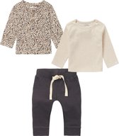 Noppies - Kledingset - 3 delig - Broek antraciet grijs - Shirt Taupe met panterprint - Shirt oatmeal - Maat 56