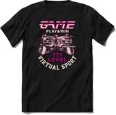 Play and win | Gaming kado T-Shirt heren - dames | Wit-Roze | Perfect game pc cadeau shirt | Grappige console spreuken - zinnen - teksten Maat S