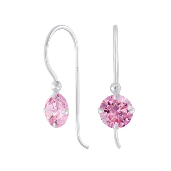 Joy|S - Zilveren classic oorbellen - oorhangers - zirkonia rond - roze