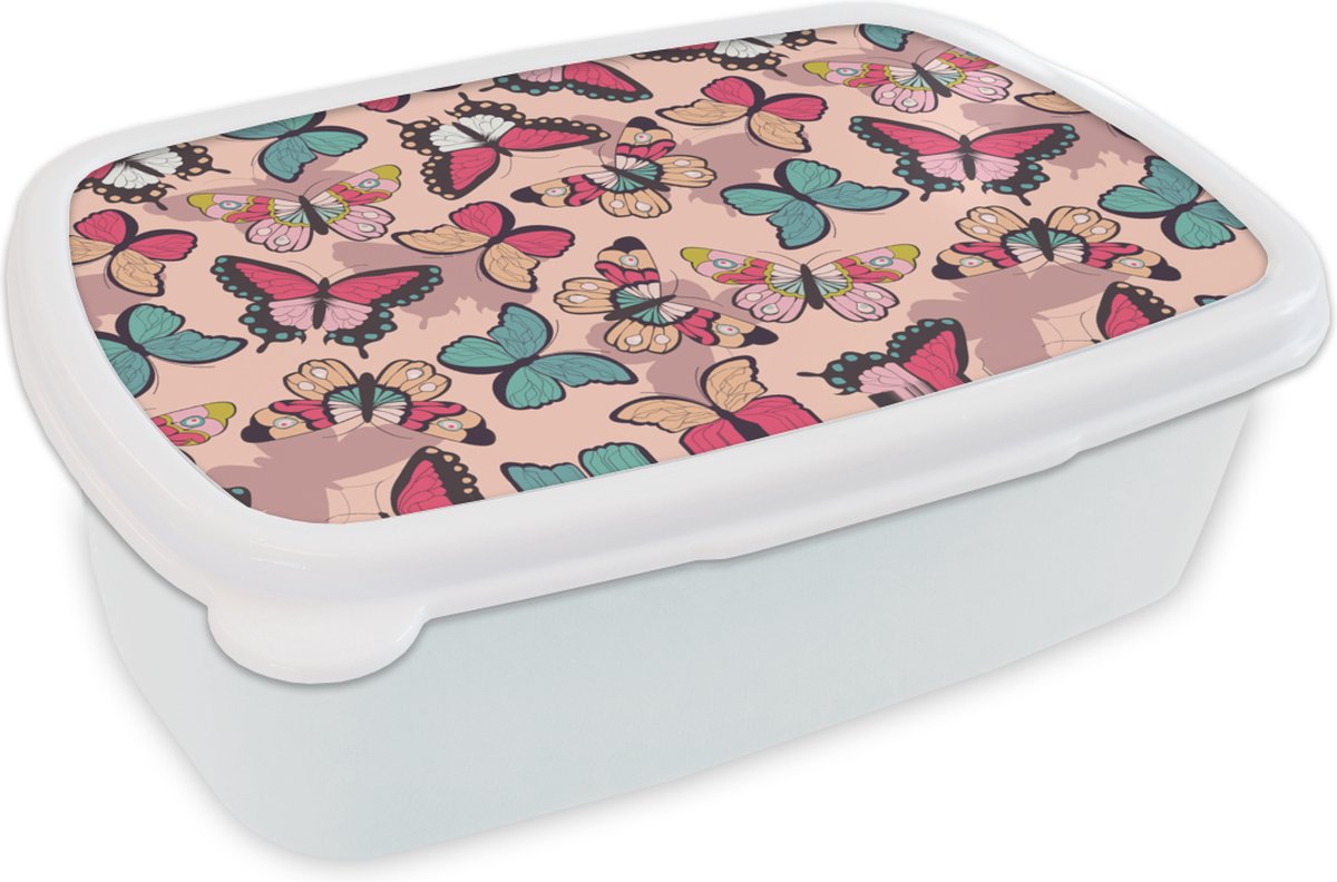 Broodtrommel Wit - Lunchbox - Brooddoos - Vlinder - Roze - Blauw - Design - 18x12x6 cm - Volwassenen