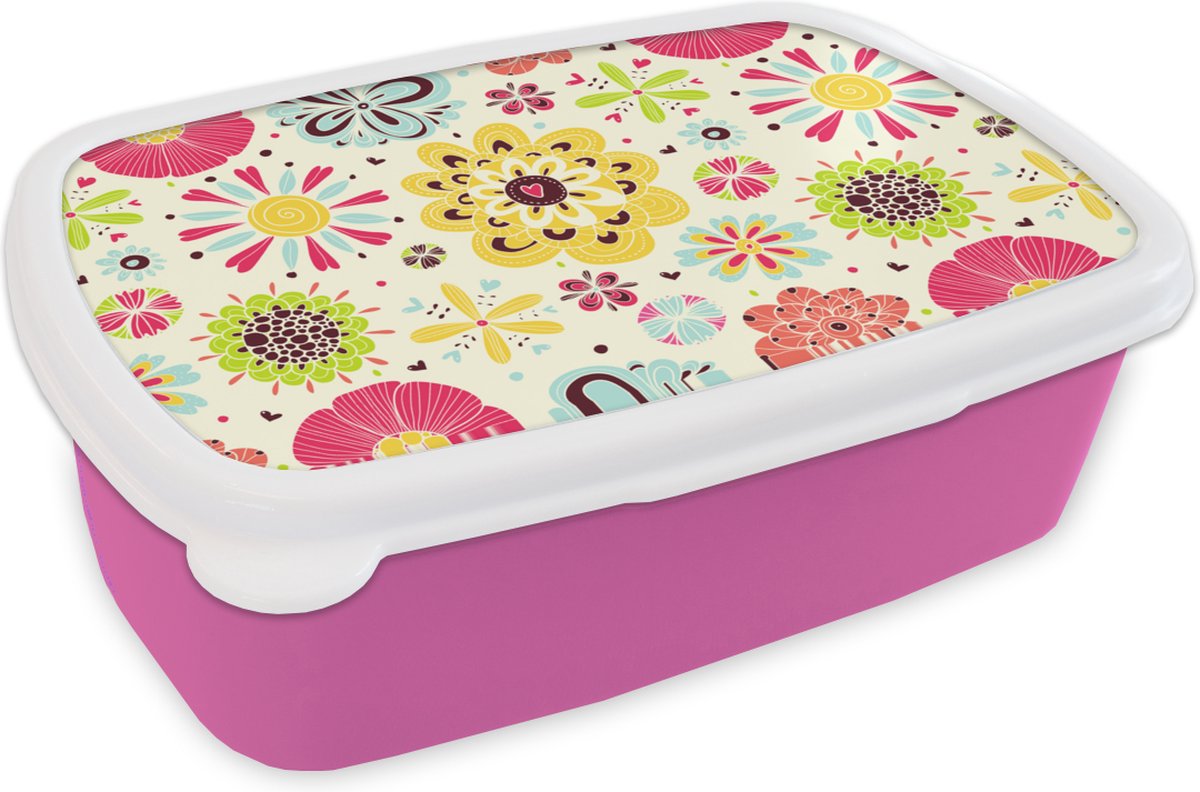 Broodtrommel Roze - Lunchbox - Brooddoos - Hart - Bloemen - Patronen - 18x12x6 cm - Kinderen - Meisje