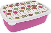 Broodtrommel Roze - Lunchbox - Brooddoos - Patroon - Lolly - Hartjes - Snoep - 18x12x6 cm - Kinderen - Meisje