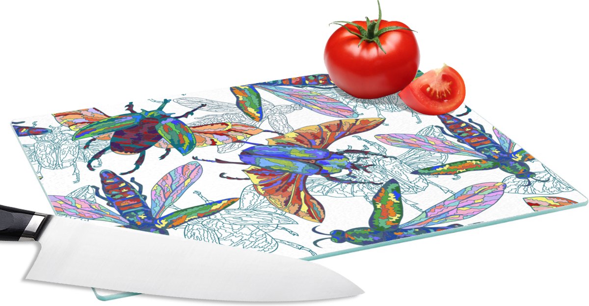 Glazen Snijplank - 28x20 - Insecten - Regenboog - Design - Snijplanken Glas