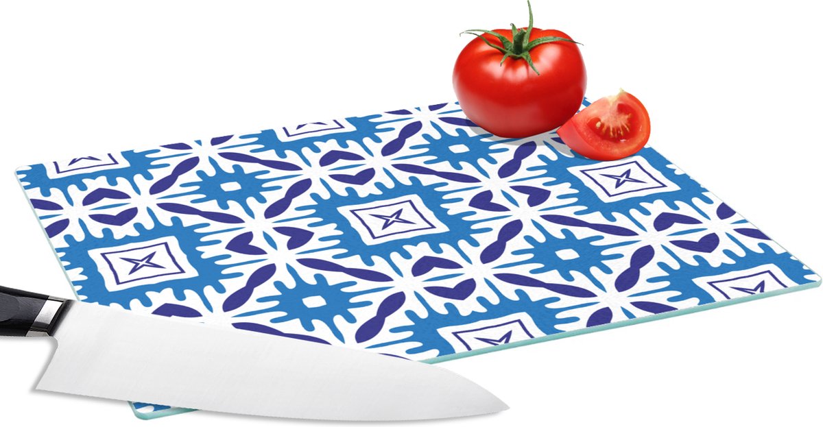 Glazen Snijplank - 28x20 - Vector - Blauw - Tegels - Patronen - Snijplanken Glas