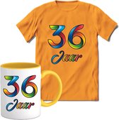 36 Jaar Vrolijke Verjaadag T-shirt met mok giftset Geel | Verjaardag cadeau pakket set | Grappig feest shirt Heren – Dames – Unisex kleding | Koffie en thee mok | Maat XL