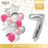 Cijfer Ballon 7 Jaar Zilver Roze White Pearl Boeket * Hoera 7 Jaar Verjaardag Decoratie Set van 15 Ballonnen * 80 cm Verjaardag Nummer Ballon * Snoes * Verjaardag Versiering * Verj