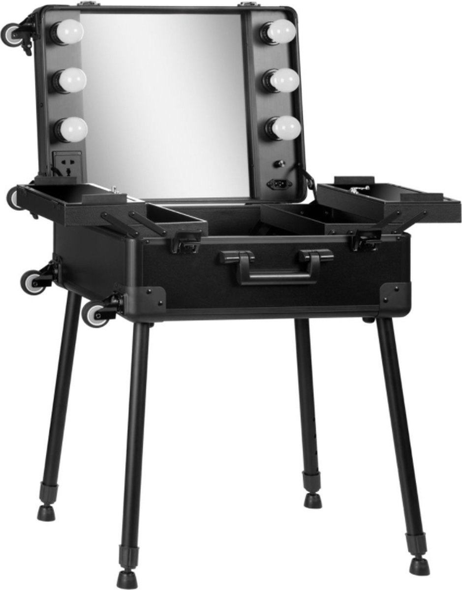 Make up koffer - Opvouwbare koffer met spiegel - Stevig - Zwart - 61x42x24