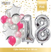 Cijfer Ballon 18 Jaar Zilver Roze White Pearl Boeket * Hoera 18 Jaar Verjaardag Decoratie Set van 15 Ballonnen * 80 cm Verjaardag Nummer Ballon * Snoes * Verjaardag Versiering * Ve