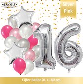 Cijfer Ballon 16 Jaar Zilver Roze White Pearl Boeket * Hoera 16 Jaar Verjaardag Decoratie Set van 15 Ballonnen * 80 cm Verjaardag Nummer Ballon * Snoes * Verjaardag Versiering * Verjaardag Decoratie * Silver Pink Pearl White* Nummer Ballon 16