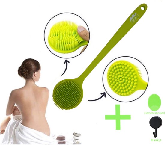 Blubs® – Badborstel – Dry brush – Rug Scrubber – Lichaamsborstel – Rugborstel douche met steel – Huidborstel – Rugborstel kunststof – Badborstel met steel – Doucheborstel met steel – Siliconen borstel – Droogborstel – Massage – Groen