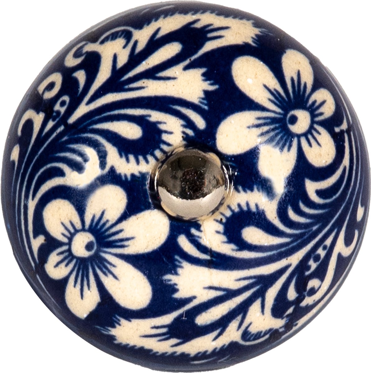 Clayre & Eef Deurknop 4 cm Blauw Wit Keramiek Bloem Meubelknop Kastknop