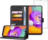 Samsung M22 Book Case Hoesje - Samsung M22 Screenprotector - Flip Portemonnee Zwart met Screen Cover Tempered Glas