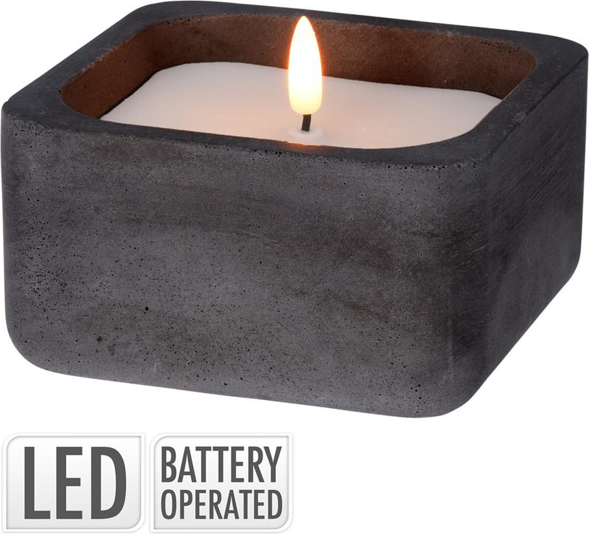 Kaars LED in vierkante zwarte pot van beton 12,5x12,5cm