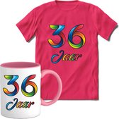 36 Jaar Vrolijke Verjaadag T-shirt met mok giftset Roze | Verjaardag cadeau pakket set | Grappig feest shirt Heren – Dames – Unisex kleding | Koffie en thee mok | Maat M