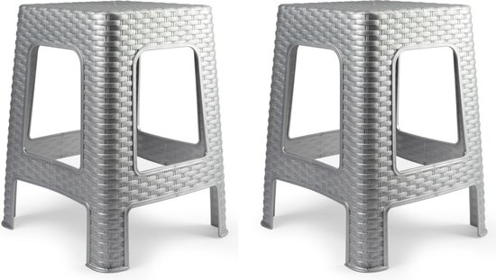2x stuks rotan opstapje/krukje in het zilver - 36 x 36 x 45 cm - Keuken/badkamer/slaapkamer handige krukjes/opstapjes