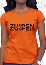 HOREN, ZIEN, ZWIJGEN, ZUIPEN damesshirt - Oranje met zwart - Maat S - Korte mouwen - Ronde hals - Aansluitende zijnaden - Grappige teksten - leuke shirts - humor - quotes - kwoots