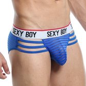 Sexyboy - Mesh Stripe Slip Blauw - Maat M - Bikini Cut - Erotisch Heren Ondergoed - Sexy Mannen Slip