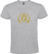 Grijs  T shirt met  print van "Lotusbloem met Boeddha " print Goud size L