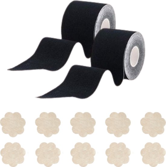 Inodes Duo Pack Boob tape 10 Meter (5,0 cm breed) Zwart - Plak BH - Strapless BH + Inclusief 10 Tepelcovers - 2 Rollen van 5 Meter