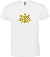 Wit  T shirt met  print van "Lotusbloem " print Goud size XL