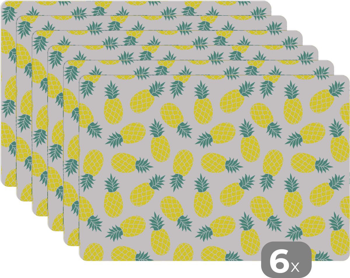 Placemat - Placemats kunststof - Zomer - Tropisch - Design - Ananas - 45x30 cm - 6 stuks - Hittebestendig - Anti-Slip - Onderlegger - Afneembaar