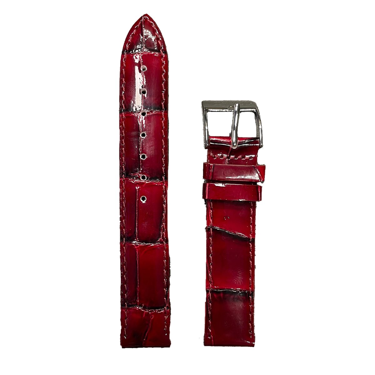Horlogeband - 16 mm - Glans rood- Echt leer in croco print - Roestvrijstalen gesp