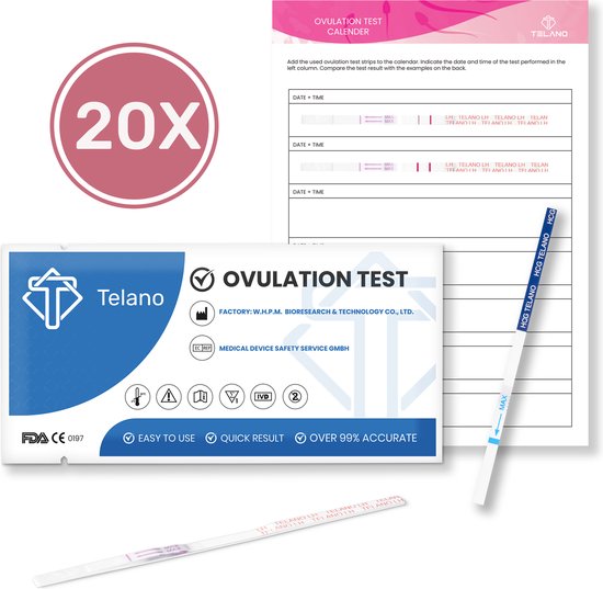 Telano Ovulatietest Dipstick Gevoelig 20 testen - Gratis Zwangerschapstest strip - Ovulatiekalender
