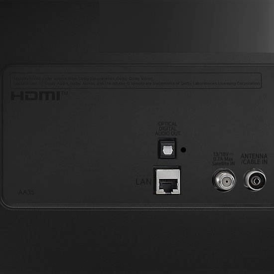 Close-up van de onderkant van een zwarte LG smart tv met poorten, inclusief HDMI en antenne.