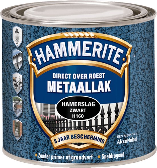 Hammerite metaallak blik zwart met hamerslag effect en 8 jaar bescherming.