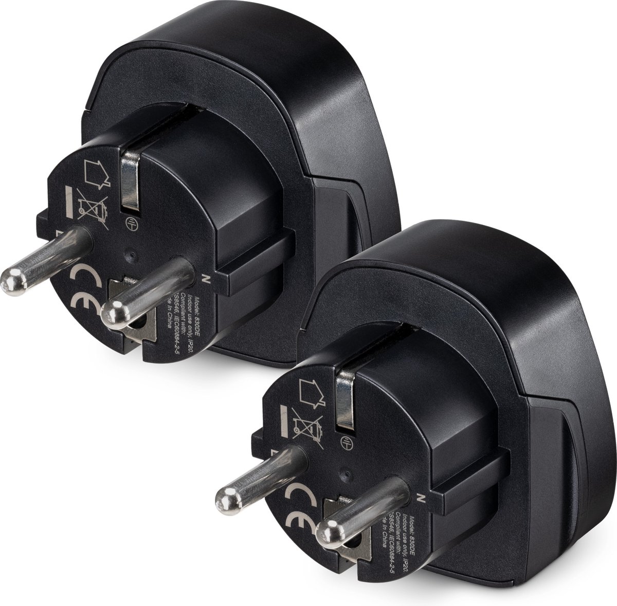 Bol.com kwcommerce reisstekker UK naar EU – Geschikt voor stopcontacten type C, E en F - Set van 2 stuks - Reisadapters - Zwart aanbieding