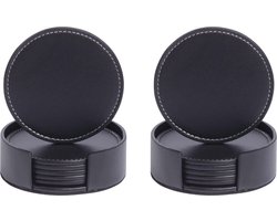 Luxe leren onderzetters voor glazen 12 stuks zwart inclusief twee houders - Waterafstotend en Hittebestendig - Glasonderzetters voor op Tafel - Coasters - Rond