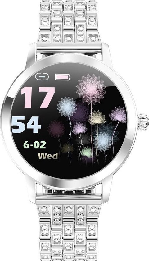 Darenci Smartwatch Me Shine Pro - Smartwatch dames - Smartwatch heren - Activity Tracker - Touchscreen - Stalen band met steentjes - Dames - Heren - Horloge - Stappenteller -Bloeddrukmeter -Verbrande calorieën -Zuurstofmeter -Zilver -Spatwaterdicht
