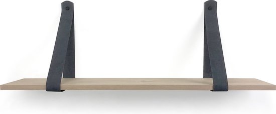 Eiken wandplank 18 mm 90 x 20 cm met leren riemen grijs - Eikenhouten wandplank - Wandplank hout - Leren plankdragers - Wandplank industrieel