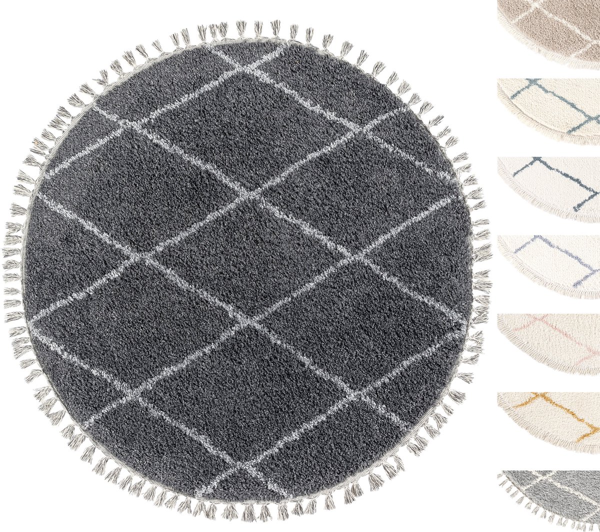Vloerkleed Shaggy Rond, Tapijt, Antraciet, Hoogpolig, 195cm Cirkel, Superzacht, Franjes, Berber stijl