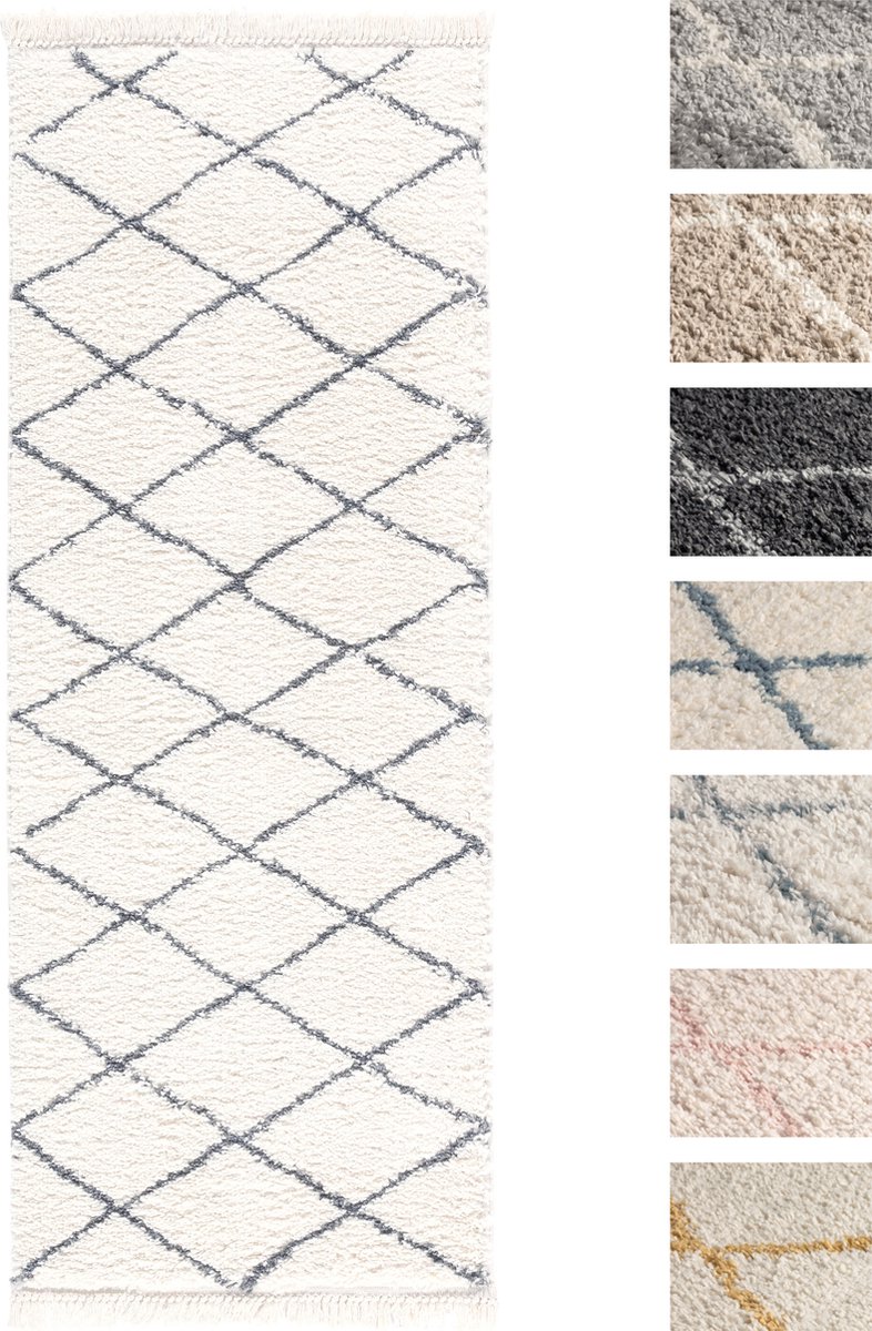 Vloerkleed Shaggy, Tapijt, Creme Antraciet, Hoogpolig, 80cm x 200cm, Superzacht, Franjes, Berber stijl